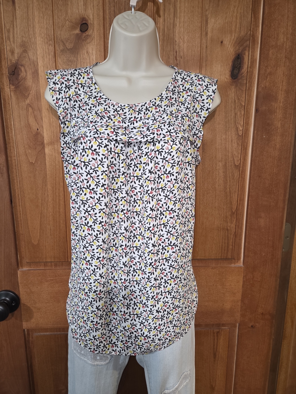 LOFT White Cap-Sleeve Blouse with Multicolor Floral Print
